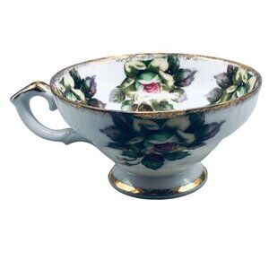 tea cup floral embellished white green gold trim porcelain 2.5x5" READ